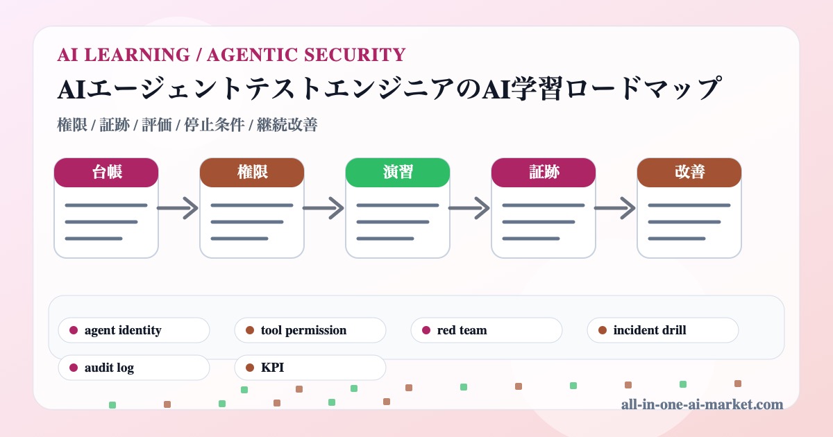 AIエージェントテストエンジニアのAI学習を台帳、権限、演習、証跡、改善で整理した図解