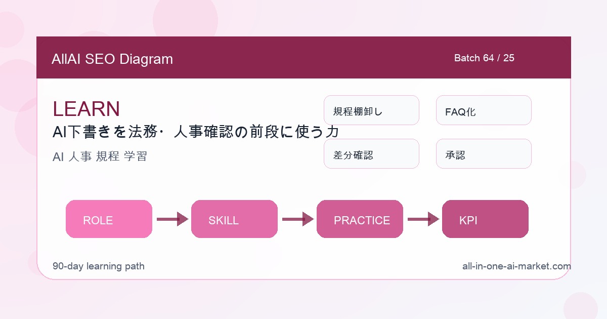 AI人事規程レビュー担当がAI下書きを法務・人事確認の前段に使う力を進めるために、規程棚卸し、FAQ化、差分確認、承認を整理した図解