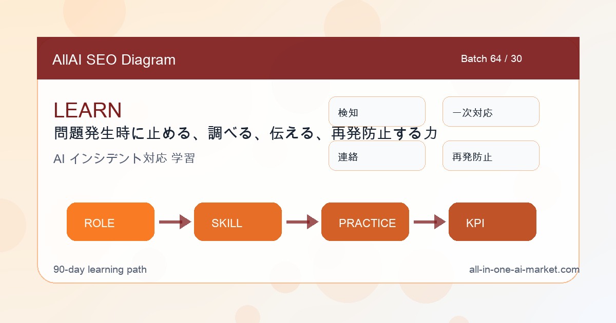 AIインシデント初動対応担当が問題発生時に止める、調べる、伝える、再発防止する力を進めるために、検知、一次対応、連絡、再発防止を整理した図解
