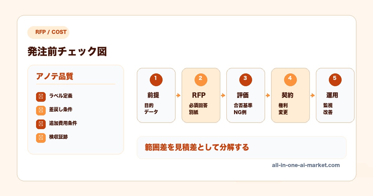 AI開発 アノテーション 品質 失敗事例に関連する前提、RFP、評価、契約、運用を整理したAI開発発注図解