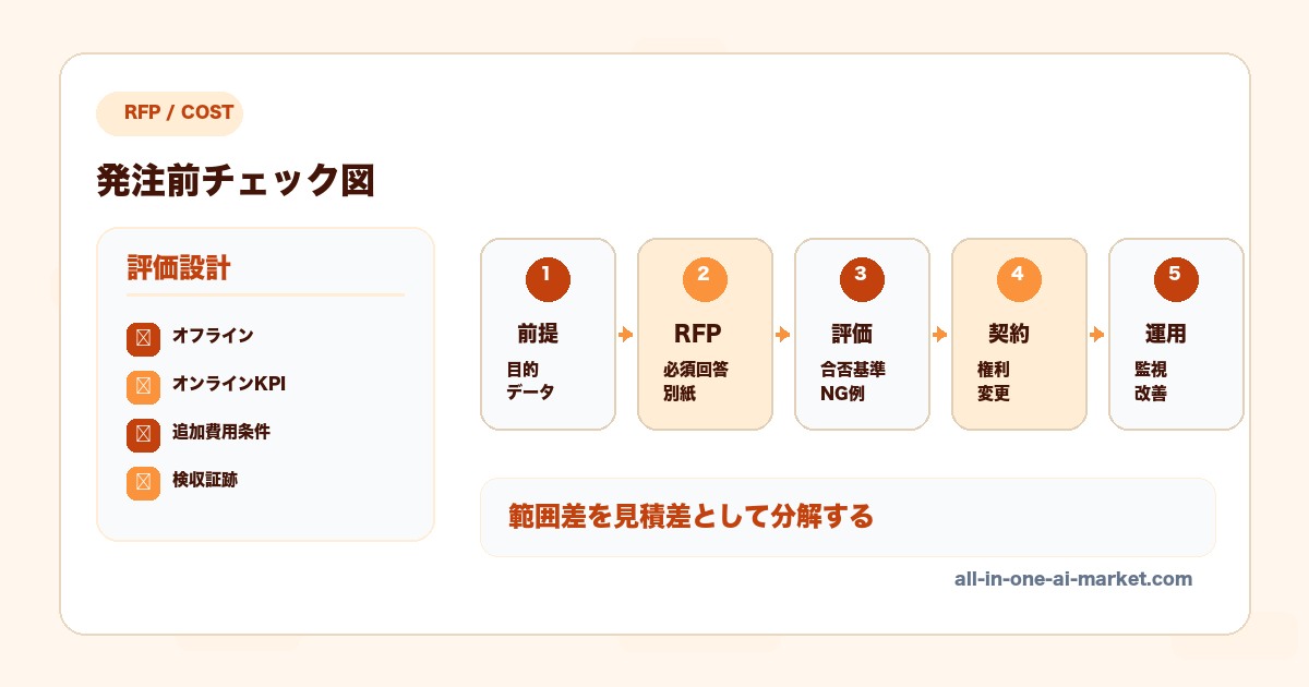 AI開発 オフライン評価 オンライン評価 RFPに関連する前提、RFP、評価、契約、運用を整理したAI開発発注図解