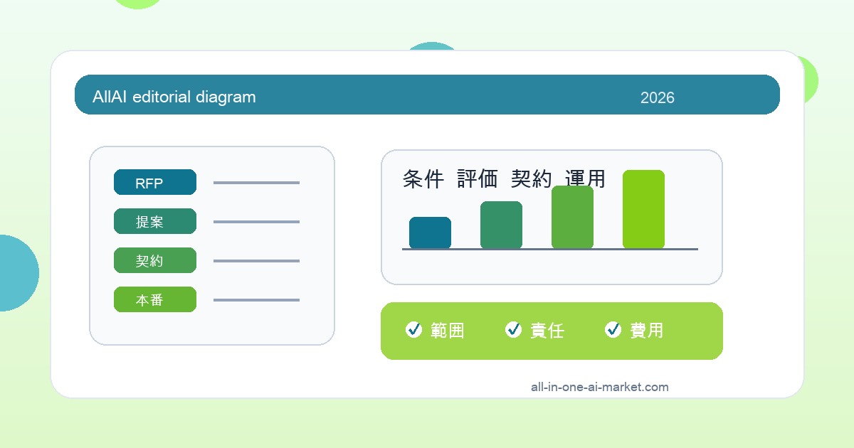 AI開発 本番化 チェックリストに関連するRFP、評価、契約、運用条件を整理したAI開発発注図解