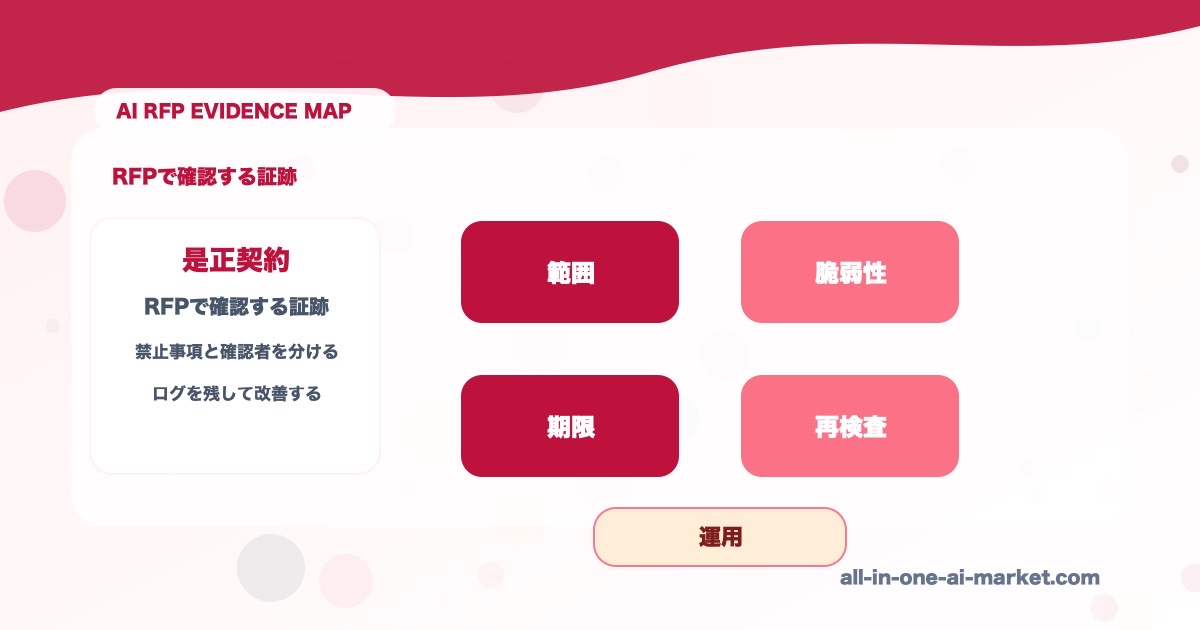 AI開発レッドチーム後の是正契約について範囲、質問、証跡、費用、運用を確認するRFP図解