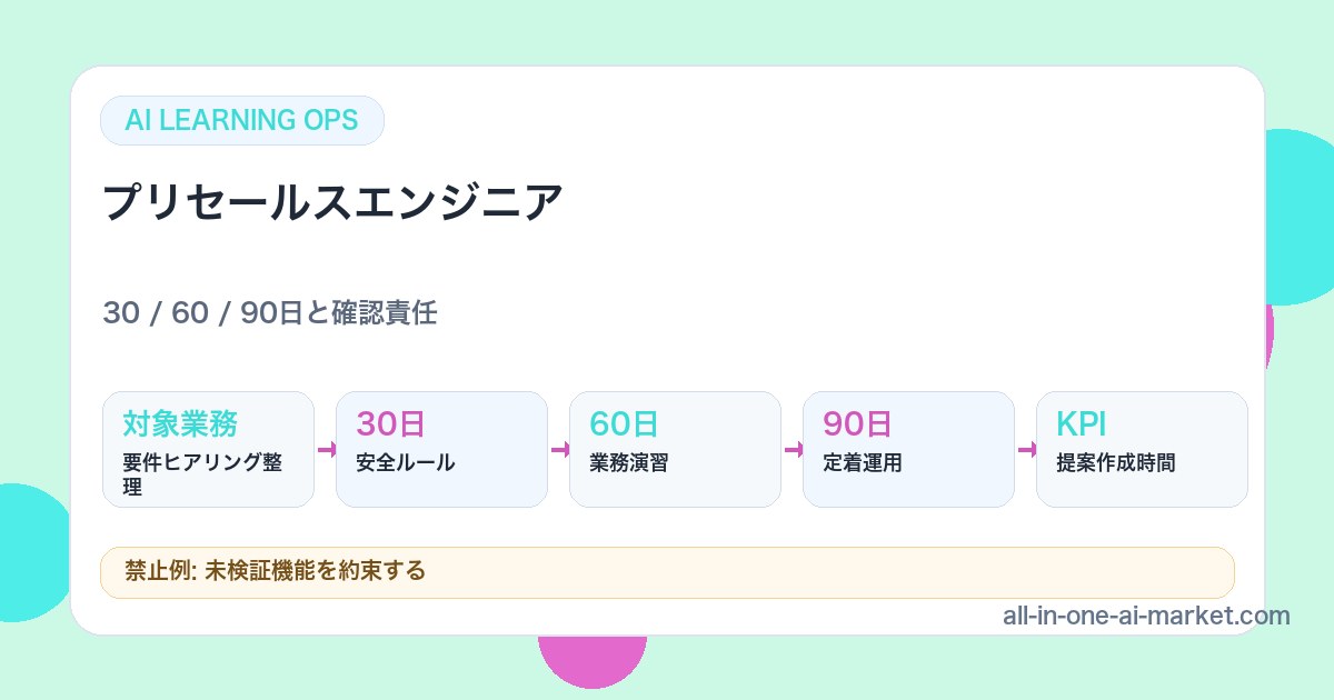 プリセールスエンジニアのAI学習ロードマップを、対象業務、演習、確認、定着KPIで示した図解